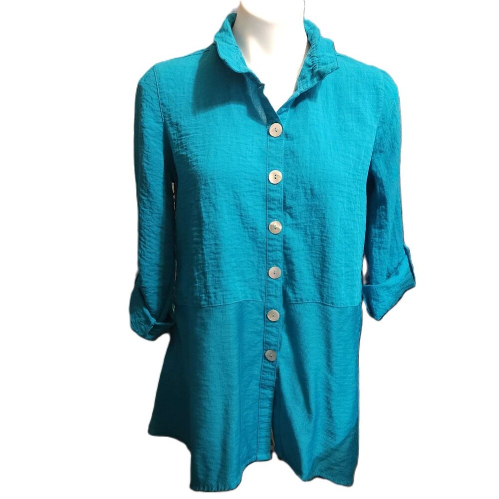 John Mark turquoise tunic blouse Women's small Button-up Wire collar Roll tabs